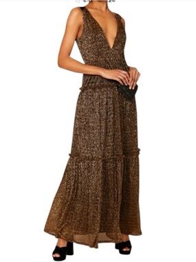 Sleeveless V-Neck Metallic Bonze/Brown Maxi Dress